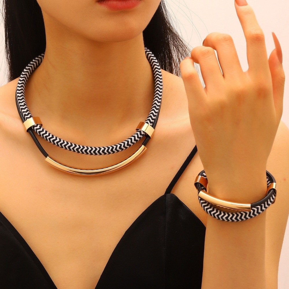 Street Fashion Style Youtube - Exaggerated hiphop-stijl ketting-armbandset, dubbele lijn zwart-wit
