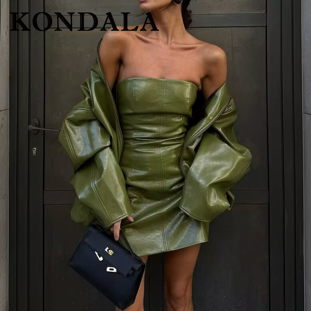 Fashion Street Night - KONDALA Chic Streetwear Groen PU Effen