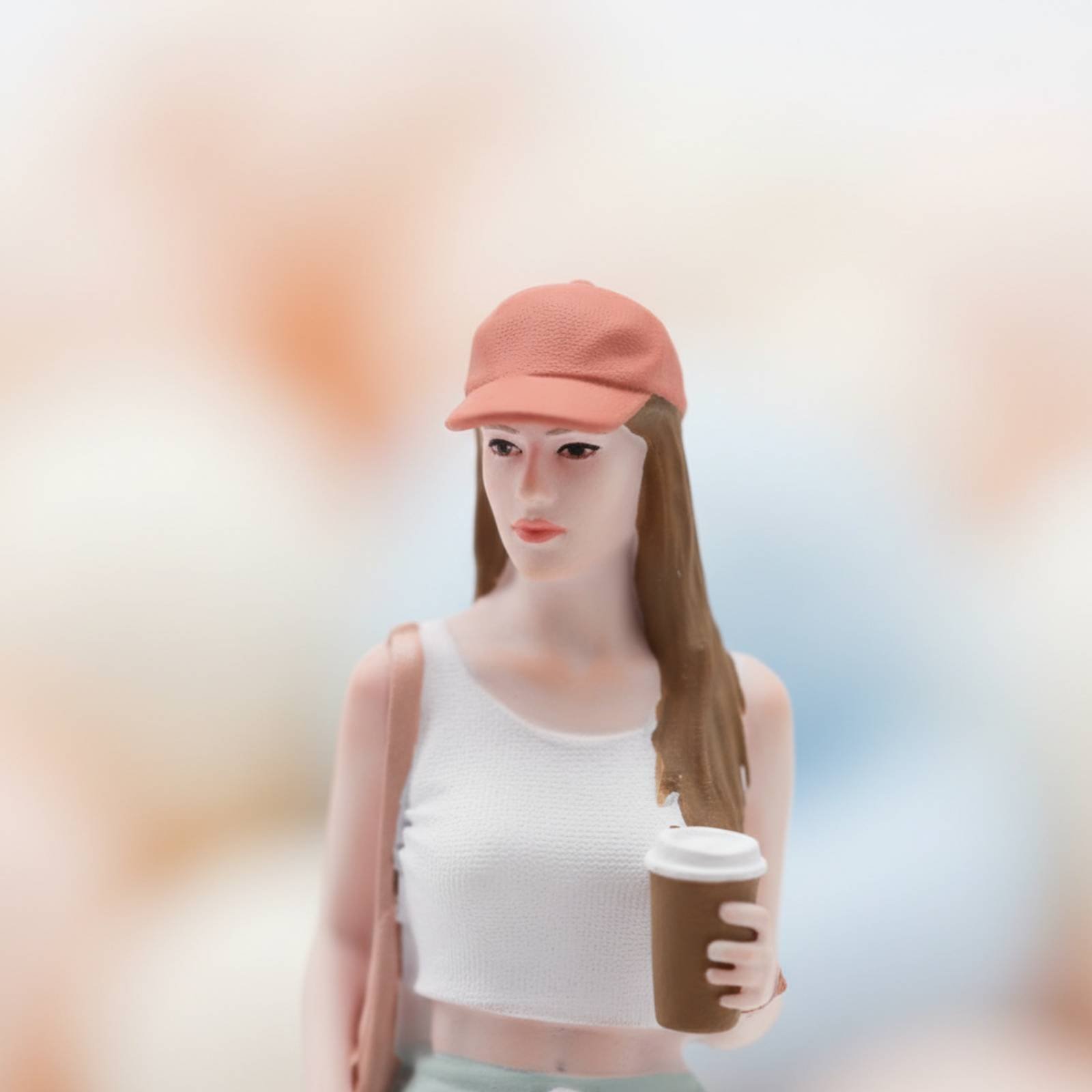 Street Fashion Pose - Meisjesfiguur met koffie Kleurrijke straatmode Miniatuurmeisje